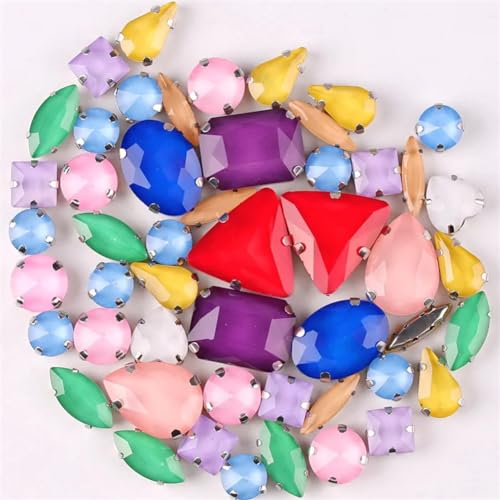 Aufnäher-Strasssteine, Silberne Krallenfassung for Aufnähen von Glas-Strasssteinen, Violett AB, 11 Formen, Mix-Packung mit 50 Stück(Jelly candy mix 50Pcs) von VDCVADKYE