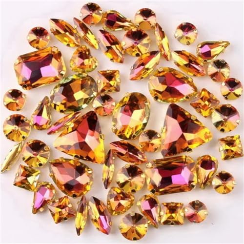 Aufnäher-Strasssteine, Strasssteine, flache Rückseite, for Aufnähen, goldfarbene Kralle, gemischte Formen, AB-Glas, 50 Stück, mehrfarbig(A10 Yellow rainbow) von VDCVADKYE