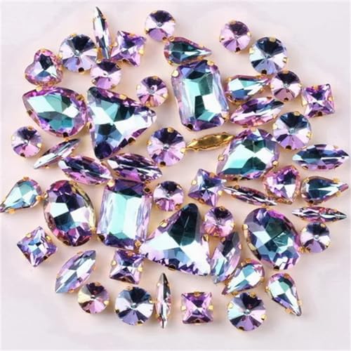 Aufnäher-Strasssteine, Strasssteine, flache Rückseite, for Aufnähen, goldfarbene Kralle, gemischte Formen, AB-Glas, 50 Stück, mehrfarbig(A13 Violet rainbow) von VDCVADKYE