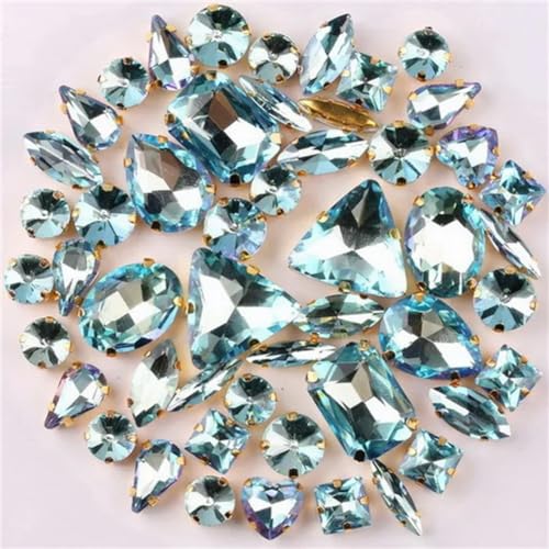 Aufnäher-Strasssteine, Strasssteine, flache Rückseite, for Aufnähen, goldfarbene Kralle, gemischte Formen, AB-Glas, 50 Stück, mehrfarbig(A2 Aquamarine RB) von VDCVADKYE