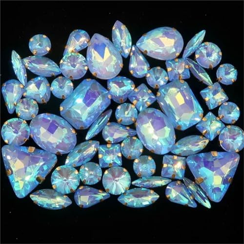 Aufnäher-Strasssteine, Strasssteine, flache Rückseite, for Aufnähen, goldfarbene Kralle, gemischte Formen, AB-Glas, 50 Stück, mehrfarbig(A20 Lt sapphire AB) von VDCVADKYE