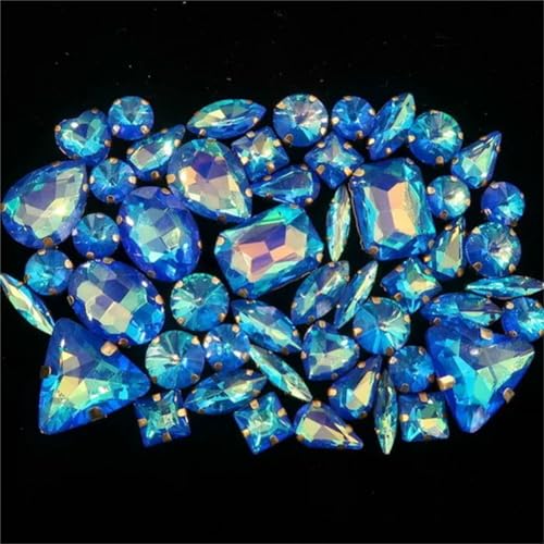 Aufnäher-Strasssteine, Strasssteine, flache Rückseite, for Aufnähen, goldfarbene Kralle, gemischte Formen, AB-Glas, 50 Stück, mehrfarbig(A21 Sapphire AB) von VDCVADKYE