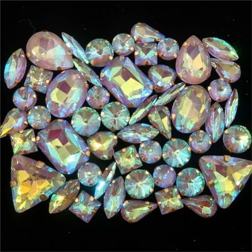 Aufnäher-Strasssteine, Strasssteine, flache Rückseite, for Aufnähen, goldfarbene Kralle, gemischte Formen, AB-Glas, 50 Stück, mehrfarbig(A26 Lt topaz AB) von VDCVADKYE