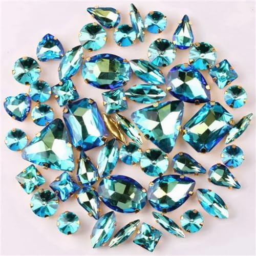 Aufnäher-Strasssteine, Strasssteine, flache Rückseite, for Aufnähen, goldfarbene Kralle, gemischte Formen, AB-Glas, 50 Stück, mehrfarbig(A3 Lt Sapphire RB) von VDCVADKYE
