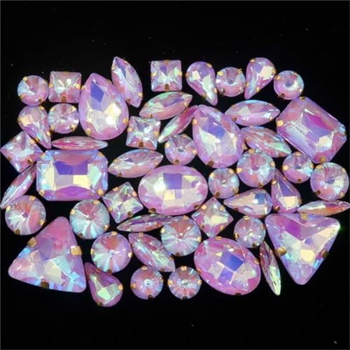 Aufnäher-Strasssteine, Strasssteine, flache Rückseite, for Aufnähen, goldfarbene Kralle, gemischte Formen, AB-Glas, 50 Stück, mehrfarbig(A30 Violet AB) von VDCVADKYE