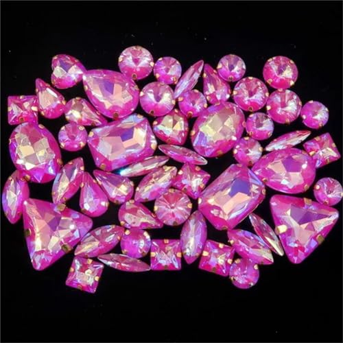 Aufnäher-Strasssteine, Strasssteine, flache Rückseite, for Aufnähen, goldfarbene Kralle, gemischte Formen, AB-Glas, 50 Stück, mehrfarbig(A35 Fuchsia AB) von VDCVADKYE