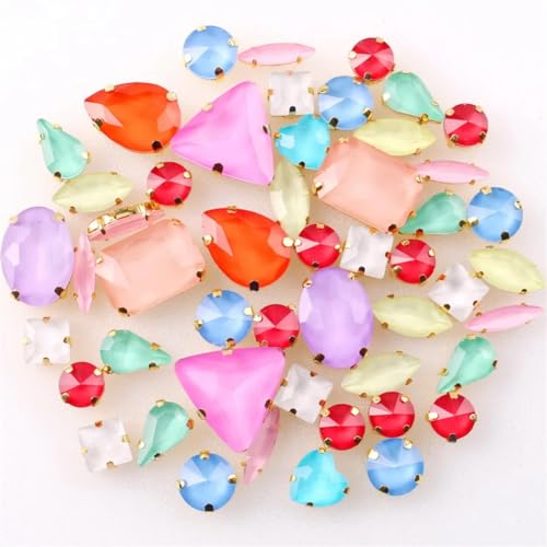 Aufnäher-Strasssteine, Strasssteine, flache Rückseite, for Aufnähen, goldfarbene Kralle, gemischte Formen, AB-Glas, 50 Stück, mehrfarbig(A39 Jelly candy mix) von VDCVADKYE