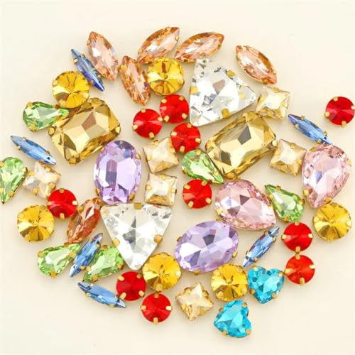 Aufnäher-Strasssteine, Strasssteine, flache Rückseite, for Aufnähen, goldfarbene Kralle, gemischte Formen, AB-Glas, 50 Stück, mehrfarbig(A40 Light colors mix) von VDCVADKYE
