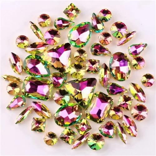 Aufnäher-Strasssteine, Strasssteine, flache Rückseite, for Aufnähen, goldfarbene Kralle, gemischte Formen, AB-Glas, 50 Stück, mehrfarbig(A6 peridot rainbow) von VDCVADKYE