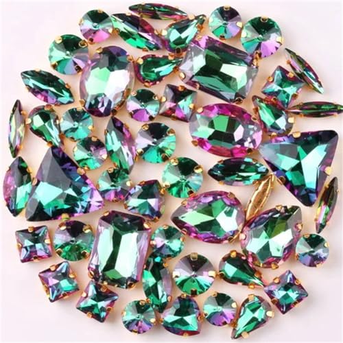 Aufnäher-Strasssteine, Strasssteine, flache Rückseite, for Aufnähen, goldfarbene Kralle, gemischte Formen, AB-Glas, 50 Stück, mehrfarbig(A8 Emerald Rainbow) von VDCVADKYE
