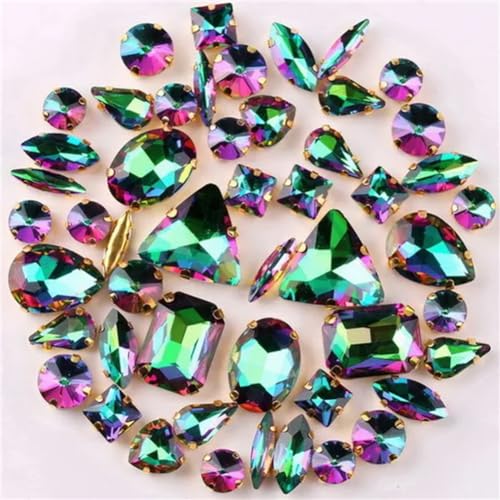 Aufnäher-Strasssteine, Strasssteine, flache Rückseite, for Aufnähen, goldfarbene Kralle, gemischte Formen, AB-Glas, 50 Stück, mehrfarbig(A9 colorful emerald) von VDCVADKYE