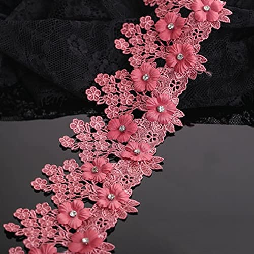 Spitzenborte,Spitzenband Spitzenbesatz mit Blumenmotiv und Strasssteinen, bestickte 3D-Blumenbesätze, 1 Yard (8,4 cm) Spitzenrandband for Kleidungsstücke(Rose Red) von VDCVADKYE