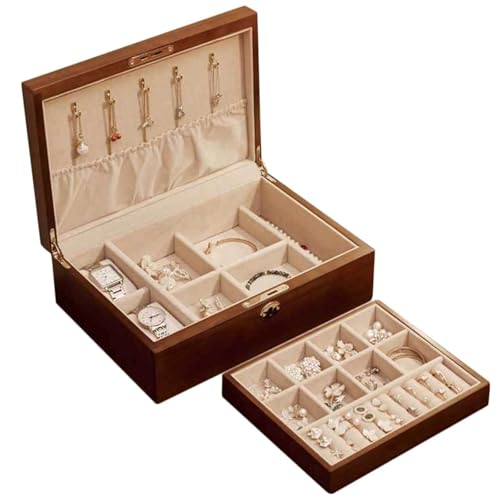 VDCVADKYE Massivholz-Schmuckkästchen, Schmuckschatulle, Organizer, 2-lagig, Schloss und Schlüssel, Holz, Walnussfarbe, 29,4 x 19,5 x 9,9 cm VDCVADKYE Massivholz-Schmuckkästchen, Schmuckschatulle, Organizer, 2-lagig, Schloss und Schlüssel, Holz, Walnussfarbe, 29,4 x 19,5 x 9,9 cm von VDCVADKYE