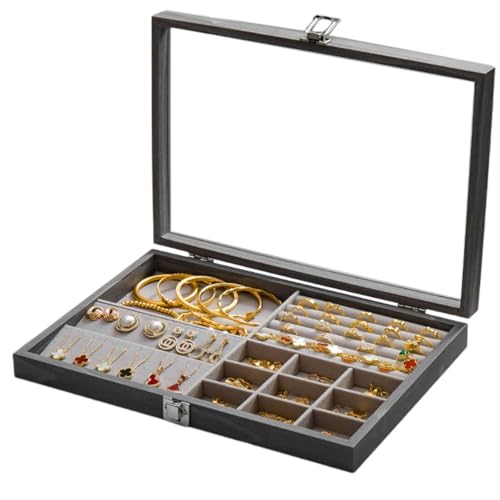 VDCVADKYE Massivholz-Schmuckkästchen， Schmuckschatulle aus Holz mit Glasdeckel, Organizer for Damen, Ringe, Halsketten, Broschen, mehrfarbig(F) von VDCVADKYE