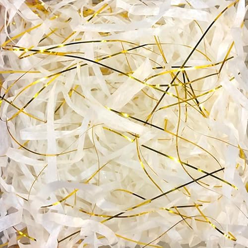 Zerkleinertes Seidenpapier, 50/100 g, 2er-/4er-Packung, metallisches Papierschnitzel, leichtes Seidenpapier mit Knitterschnitt(Milky White golden,50g*2Pack) von VDCVADKYE