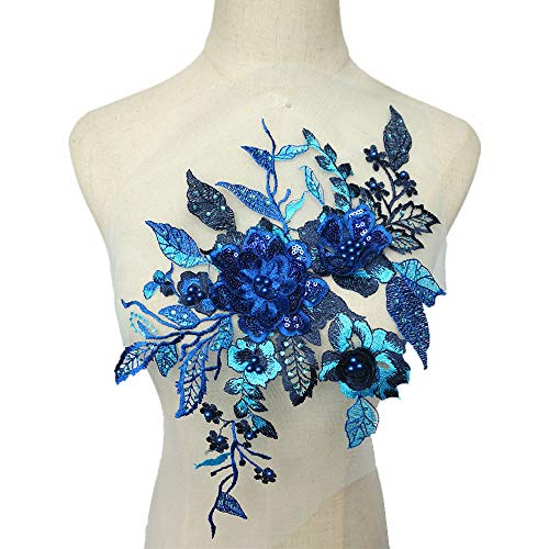 VDLLQYN, Großer königsblauer Spitzen-Applikationsstoff mit 3D-Blumenperlen und Strass for Hochzeitskleider und Bastelarbeiten,Stickerei Aufnäher VDLLQYN, Großer königsblauer Spitzen-Applikationsstoff mit 3D-Blumenperlen und Strass for Hochzeitskleider und Bastelarbeiten,Stickerei Aufnäher von VDLLQYN