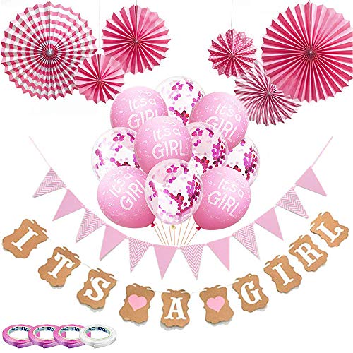 Babyparty Deko Mädchen, 22 Stück Rosa Baby Party Dekoration mit 10 Luftballons/Wimpelkette Wimpel/IT'S A Girl Banner/6 Papierfächer/4 Rollen Band für Baby Shower/Geburtstag Party Dekoration (Rosa) Babyparty Deko Mädchen, 22 Stück Rosa Baby Party Dekoration mit 10 Luftballons/Wimpelkette Wimpel/IT'S A Girl Banner/6 Papierfächer/4 Rollen Band für Baby Shower/Geburtstag Party Dekoration (Rosa) von VDSOW