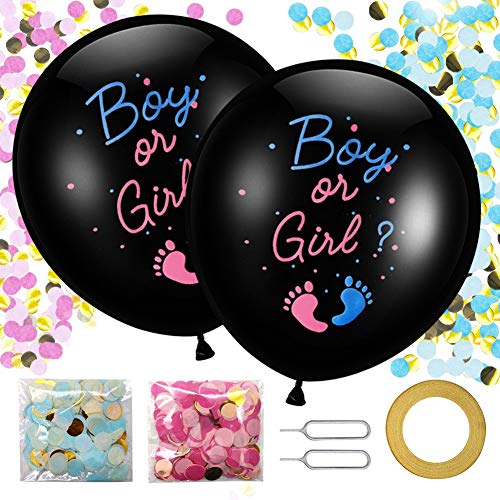 Gender Reveal Ballons 36 Zoll, 2 Stück XXL große Schwarz Baby Boy or Girl Latex Luftballons Geschlechtsballon mit Rosa Blau Konfetti Nadel Band für Babyparty Geschlecht Offenbaren Party Dekoration von VDSOW