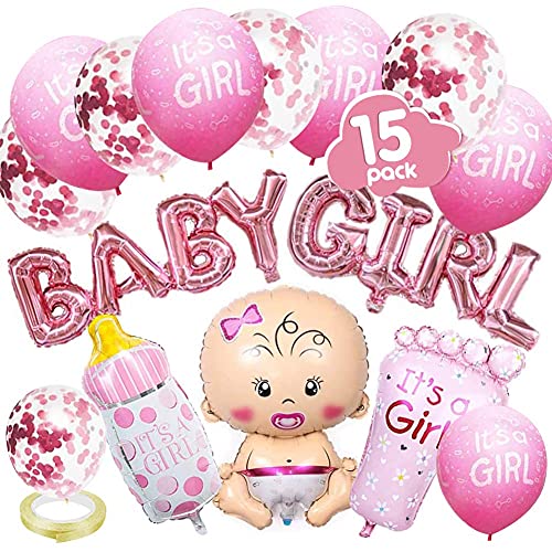 Babyparty Deko, Rosa Gender Reveal Party Dekoration mit Mädchen Ballon/BABY GIRL Ballon Banner/Konfetti Luftballons/Es ist ein Mädchen Ballons/Babyflasche, Fußförmige Helium Folienballon/Band von VDSOW
