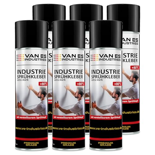 Sprühkleber - Extra starker Kleber für Heimwerk & Industrie | Klebe-Spray für Schaumstoff, Holz, Stoff, Leder, Filz uvm. | verstellbarer Sprühkopf | 500ml Dose (6) von VE-INDUSTRIES
