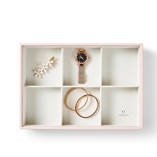 VEE&CO. Schmuckhalter, Organizer, Tablett, 6 Fächer, Rosa, Schmuckkästchen und Organizer, Ohrring-Aufbewahrungs-Organizer mit Glasdeckel, für Armreif, Anhänger, Brosche, Uhr, Geschenk für Frauen und von VEE&CO.