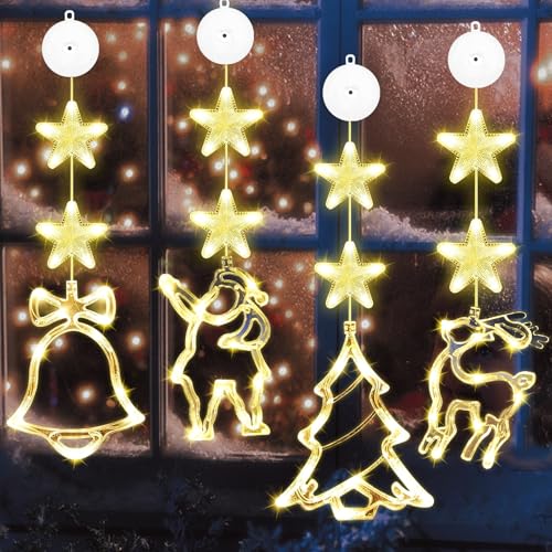 VEEKAY 4er Set LED Weihnachtsbeleuchtung, Saugnapf Weihnachten Lichter,8 x Stern +4 x Weihnachtselemente,Warmweiß Lichtervorhang mit Saugnäpfe,Timer,Batteriebetrieben,für Weihnachtsdeko von VEEKAY