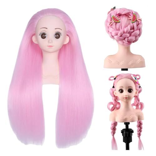 VEELTRAS Mannequin-Kopf für Kinder mit synthetischem glattem Haar, Puppenkopf zum Üben von Flechten (Rosa) von VEELTRAS