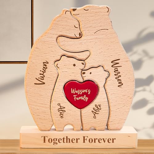 Personalisiertes Holzkunstpuzzle der Bärenfamilie mit 2-6 Familiennamen | Bärenskulptur aus Holz als Desktop-Dekoration Ornament für Zuhause Tischdekoration, Mama Großmutter von VEELU