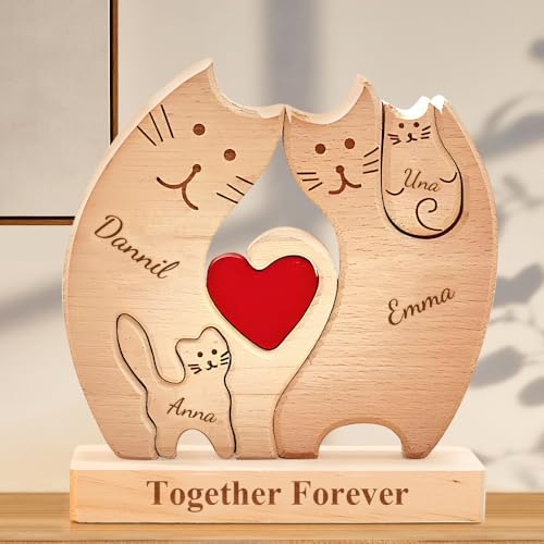 Personalisiertes Holzkunstpuzzle der Katzenfamilie mit 1-8 Namen| Katzenskulptur aus Holz als Desktop-Dekoration Ornament für Zuhause | Tischdekoration, Geschenk für Familie | Bürodekoration von VEELU