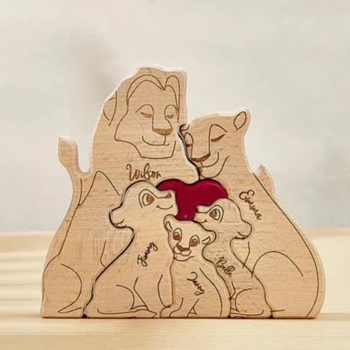 Personalisiertes Holzkunstpuzzle der Löwefamilie mit 2-6 Familiennamen | Bärenskulptur aus Holz als Desktop-Dekoration Ornament für Zuhause Tischdekoration, Mama Großmutter von VEELU