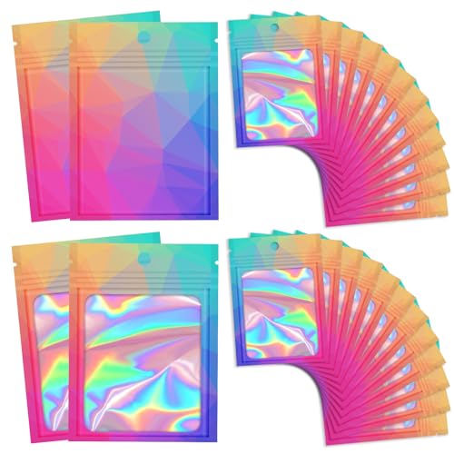 100 wiederverschließbare Beutel mit transparentem Fenster, holografische Farbverlaufsverpackung – transparente kleine Geschäftstasche, Party, Mylar-Druckverschlussbeutel (mehrfarbig, 16,3 x 24,9 cm) von VEEMOS