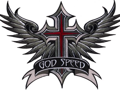 VEGASBEE Godspeed Winged Cross Wings Christian Biker bestickter Aufnäher zum Aufbügeln, 30,5 cm breit, groß von VEGASBEE