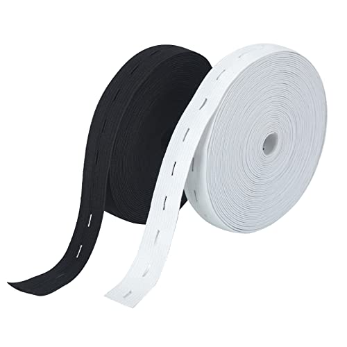 VEGCOO 14 m (15 Yards) Gummiband mit Knopfleiste, elastische Spule mit Knopfleiste mit 20 Knöpfen aus Kunstharz, elastisches Band für elastische Taillenverlängerungen (15 mm weiß + schwarz) von VEGCOO