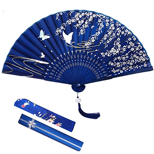 VEGCOO Fächer, Fächer aus Holz und Seide, faltbar, mit Lotusventilatortasche/Seidentasche/Geschenkbox, Geschenk für Sommer, Hochzeitsdekoration, Partygeschenk (blau) von VEGCOO