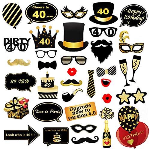 VEGCOO Geburtstags-Fotoautomaten-Requisiten, Geschenk-Kits, 35 Stück, Schwarz und Gold, Happy Birthday-Dekorationen auf Stab, für Männer und Frauen (40. Geburtstag) von VEGCOO