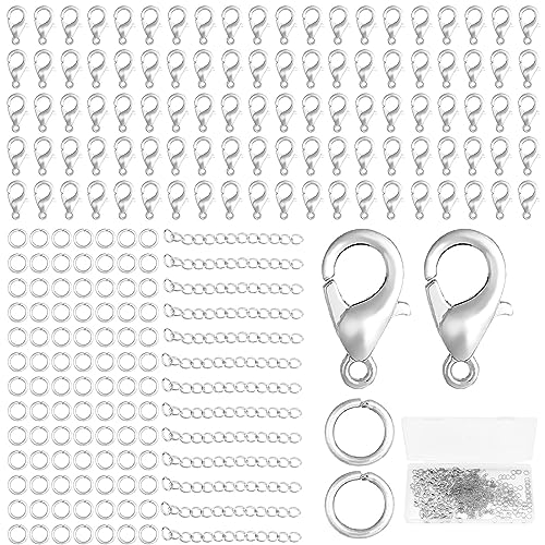 VEGCOO Kettenverschluss, 500 Stück Armband Verschluss 200 Stück Offene Biegeringe 7*0.9mm+100 Stück Verlängerungsketten 50mm+200 Stück Karabinerverschlüsse 12mm Für Die DIY-Schmuckherstellung(Silber) von VEGCOO