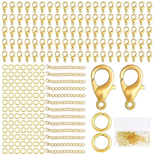 VEGCOO Kettenverschluss, 500 Stück Armband Verschluss 200 Stück Offene Biegeringe 7 * 0.9mm+100 Stück Verlängerungsketten 50mm+200 Stück Karabinerverschlüsse 12mm Für Die DIY-Schmuckherstellung(Gold) von VEGCOO