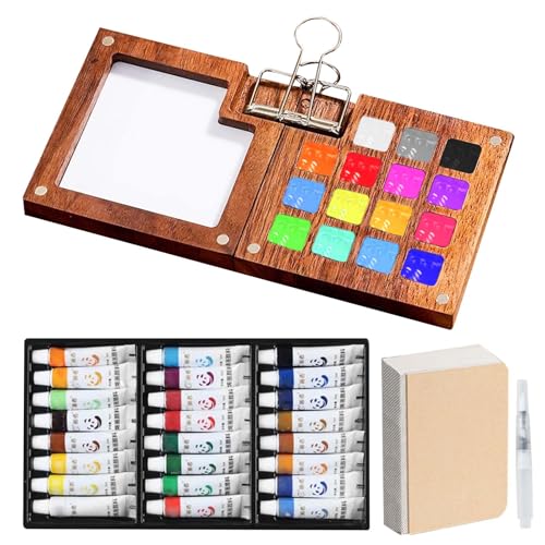 Tragbare Gouache Farben Set, 24 Farben Tragbare Aquarell Palette Mini Aquarell Paletten Set Holz Reise für Acrylmalerei Kommen Mit Aquarellpapier Journal Aquarellpinsel Stifte & EIN Clip (15 Gitter) von VEGOATY