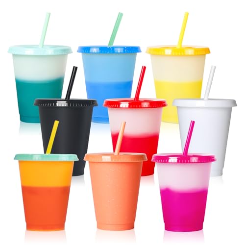 VEGOATY 10 Stück Farbwechsel Becher mit Deckel und Strohhalm, 16oz Farbige Trinkbecher Plastikbecher, Mehrweg Groß Farbwechselbecher Partybecher für Kinder Erwachsene Kaffee Smoothie Saft(10 Farben) von VEGOATY