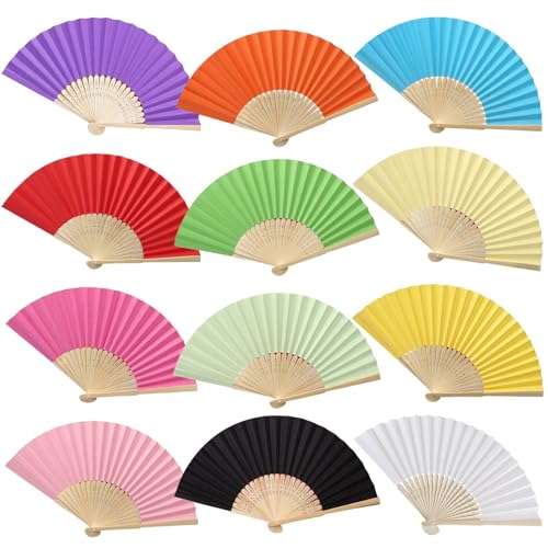 VEGOATY Chinesische Handfächer: 12 Stück Farbige Papierfächer, Faltbar und Tragbar für Hochzeiten, Geburtstage und Party Dekorationen (21 x 38 cm, Bunt) von VEGOATY
