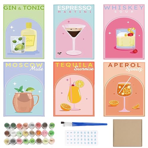 VEGOATY Malen Nach Zahlen Erwachsene Cocktail Set – 6 Stück DIY Handgemalt Acrylic öl Leinwand 20x30cm Mit Pinseln & Acrylfarben, Personalisierte Home Décor Wandkunst, Für Erwachsene & Kinder von VEGOATY