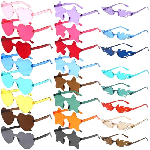 Weihnachten 24 Stück Randlose Sonnenbrillen,Herz Sonnenbrille, 3-Stile/Stern/Herzförmige/Flamme, Transparente Bonbonfarbene Herzbrille,Herzförmige Partybrille,Herzbrille,für Karneval Strandparty von VEGOATY