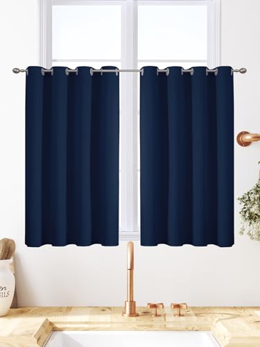 VEHEDE Dunkelblau Vorhänge Raumverdunkelung Kinderzimmer Gardinen Kurz mit Ösen, Ösenvorhang Verdunklung Thermogardine Kälteschutz Warm Hitzeschutz, H 84 x B 117 cm, 2er Set von VEHEDE