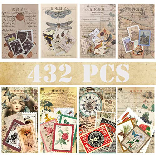 432 Stück Vintage Briefmarken Aufkleber, 8 Stile Retro Scrapbook Papier Aufkleber Ästhetisch Botanisch Dekoratives Papier für Journaling Scrapbooking Bullet Journal Tagebuch Planer Kunsthandwerk von VEINARDYL