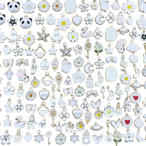 VEINARDYL 100 Stück Weiß Emaille-Anhänger Legierung, Weiß Blumen, Herzmotiv Charm-Anhänger zur Schlüsselanhänger herstellung Verschiedene vergoldete Charms zum Basteln VEINARDYL 100 Stück Weiß Emaille-Anhänger Legierung, Weiß Blumen, Herzmotiv Charm-Anhänger zur Schlüsselanhänger herstellung Verschiedene vergoldete Charms zum Basteln von VEINARDYL