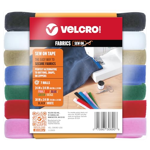 VELCRO Brand Klebeband zum Aufnähen, 4,5 m x 1,9 cm, 7 Farben für Stoffe, Kleidung und Handwerk, für Druckknöpfe und Knöpfe, Streifen auf Länge zuschneiden von VELCRO Brand