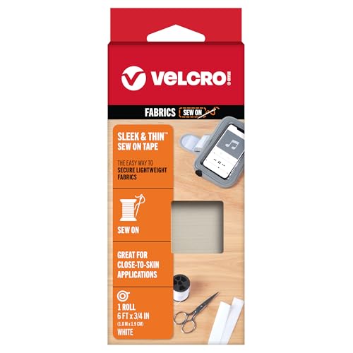 VELCRO Brand Schlank und dünn für Stoffe | 1,8 m x 1,9 cm Klebeband, weiß | weich auf der Haut, Ultraleicht mit Nähbahn-Technologie. von VELCRO Brand