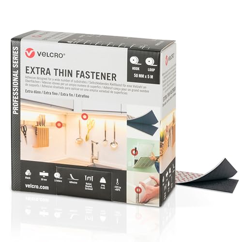 VELCRO Marke | Extra Dünner Klettverschluss mit Niedrigem Profil Schwerlast-Klettverschluss mit professionellem Halt und bündiger Oberfläche | 50 mm x 5 m | Schwarz von VELCRO Brand