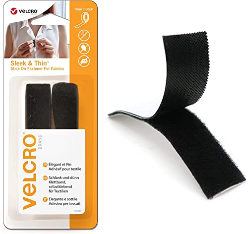 VELCRO Marke | Eleganter & dünner Klebeverschluss für Stoffe | Stark haftender Klettverschluss, selbstklebend, perfekt zum Basteln, Reparieren und Säumen von Kleidung | Schwarz | 19 mm x 60 cm von VELCRO Brand