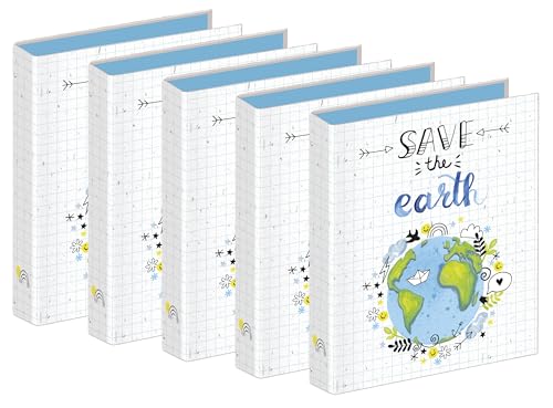 Veloflex 1151981 - Ringbuch Save the earth, Füllhöhe 25 mm, aus recyclebarem Karton, Schulordner, Ringordner (Save the earth, DIN A5 | 5er Pack) von VELOFLEX